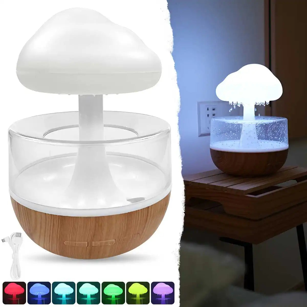Rain Cloud Humidifier - Colorful Mushroom LED Night Light with Essential Oil Diffuser
