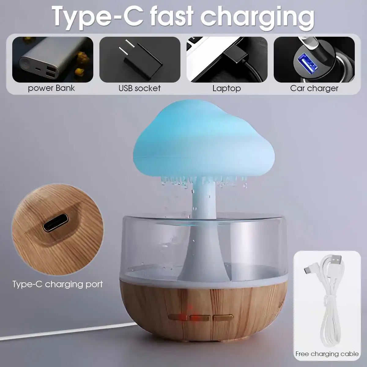 Rain Cloud Humidifier - Colorful Mushroom LED Night Light with Essential Oil Diffuser